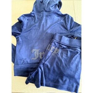 Juicy Couture Navy Blue Velour Rhinestone Hoodie and Shorts Set Medium tracksuit